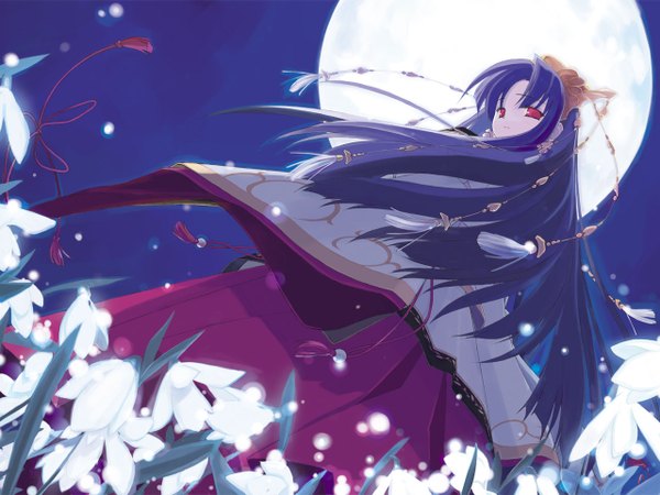 Anime picture 1280x960 with suigetsu makino nanami long hair red eyes blue hair japanese clothes looking back night miko hair ornament flower (flowers) moon
