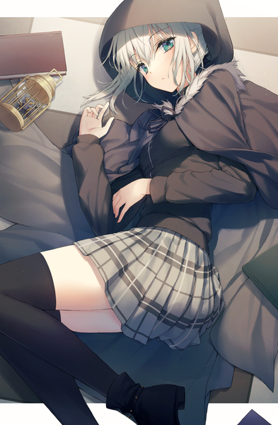 Anime picture 1200x1831 with fate (series) lord el-melloi ii case files gray (fate) add (lord el-melloi ii) kuro futoshi single tall image looking at viewer blush fringe short hair breasts hair between eyes payot silver hair bent knee (knees) lying long sleeves parted lips pleated skirt