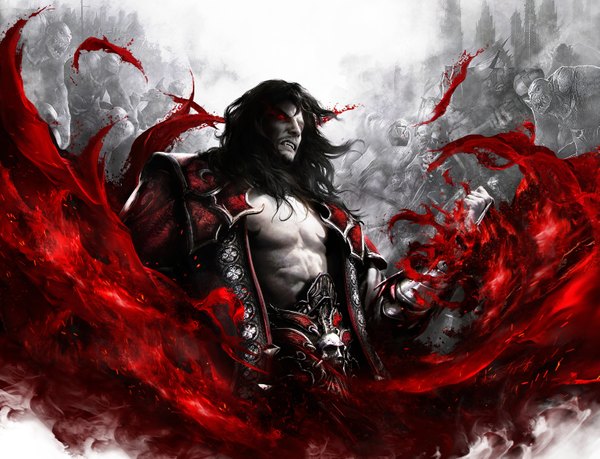 Anime picture 3073x2353 with castlevania castlevania: lords of shadow konami gabriel belmont dracula (castlevania) tagme (artist) long hair highres black hair red eyes absurdres open clothes teeth grin angry sharp teeth vampire boy blood skull