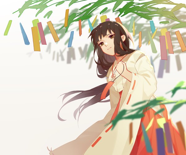 Anime-Bild 3222x2684 mit inuyasha kikyou (inuyasha) limao jun single long hair fringe highres brown hair white background brown eyes looking away absurdres blunt bangs traditional clothes japanese clothes wind miko tanabata girl hakama