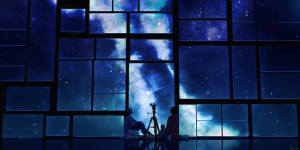 Anime picture 3600x1800 with tamagosho highres wide image signed night night sky shooting star milky way boy animal window scarf star (stars) cat telescope