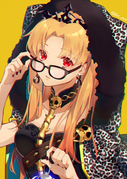 Anime picture 850x1201 with fate (series) fate/grand order ereshkigal (fate) fujikiri yana single long hair tall image looking at viewer fringe breasts open mouth simple background blonde hair red eyes holding signed yellow eyes upper body nail polish fingernails
