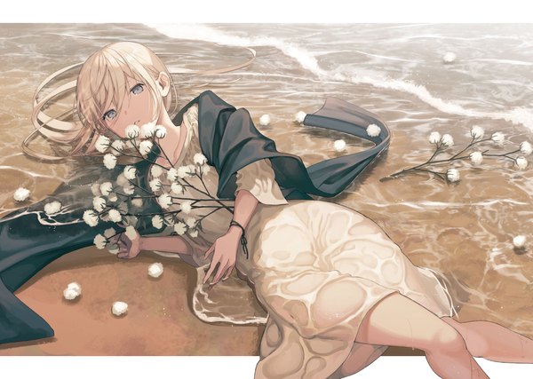 Anime picture 2088x1488 with original kururi single long hair looking at viewer fringe highres blue eyes blonde hair hair between eyes outdoors lying parted lips on back beach wet clothes girl dress white dress sea