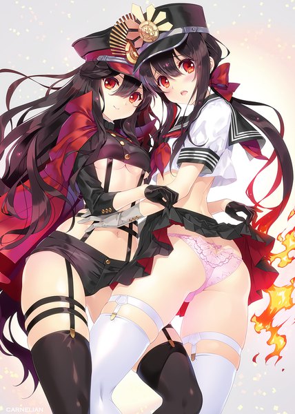 Anime picture 800x1122 with fate (series) fate/grand order koha-ace oda nobunaga (fate) (all) oda nobunaga (fate) oda nobukatsu (fate) carnelian long hair tall image looking at viewer blush fringe breasts open mouth light erotic black hair simple background smile hair between eyes red eyes