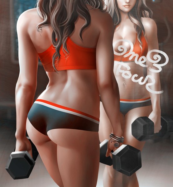 Anime picture 1800x1944 with one3four (artist) single long hair tall image highres breasts light erotic brown hair large breasts standing ass lips from behind reflection arched back girl bracelet dumbbell