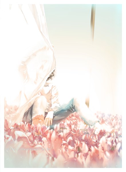 Anime picture 851x1161 with original re (artist) single tall image short hair brown hair sitting signed barefoot border covering covering face boy flower (flowers) shirt white shirt jeans flower field