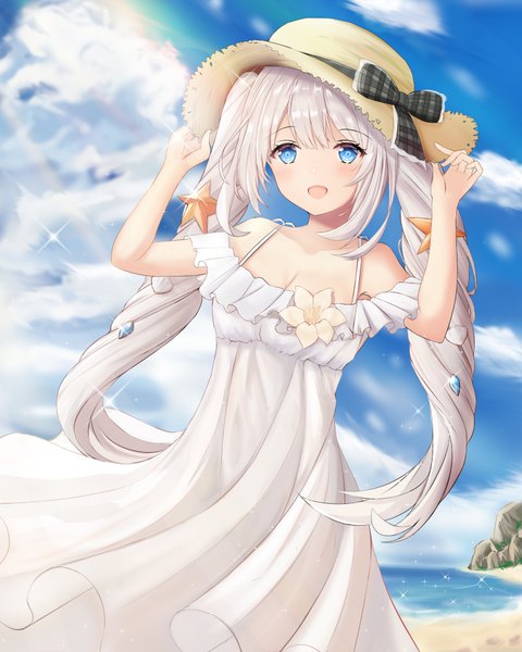 Anime picture 775x969 with fate (series) fate/grand order marie antoinette (fate/grand order) marie antoinette (swimsuit caster) (fate) nezumi (09261377) single long hair tall image looking at viewer blush fringe breasts open mouth blue eyes smile hair between eyes standing twintails bare shoulders payot