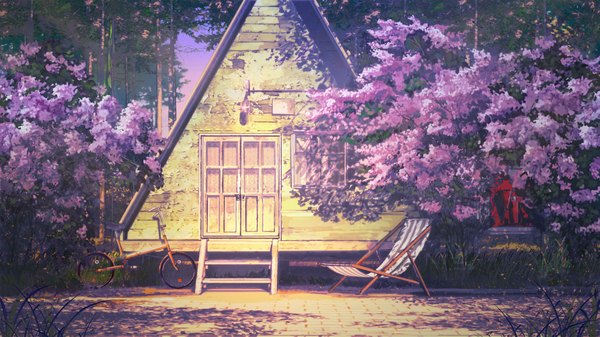 Anime picture 1920x1080 with everlasting summer iichan eroge arsenixc vvcephei highres wide image game cg wallpaper no people scenic morning collaboration camp flower (flowers) window building (buildings) chair ground vehicle house door