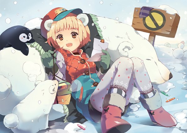 Anime picture 1100x782 with tiru (artist) single short hair open mouth blonde hair animal ears full body snowing winter snow polka dot convenient leg girl gloves hat animal shoes boots cap ankle boots