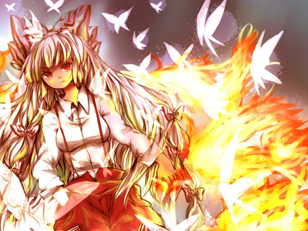 Anime picture 2000x1500 with touhou fujiwara no mokou rita911 long hair highres red eyes silver hair hand in pocket girl bow hair bow shirt insect butterfly fire ofuda