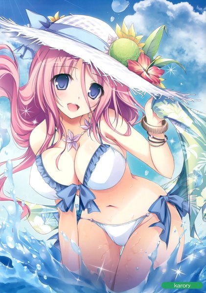 Anime picture 2456x3500 with melonbooks karory single long hair tall image looking at viewer blush fringe highres breasts open mouth blue eyes light erotic hair between eyes large breasts pink hair sky cloud (clouds) scan girl