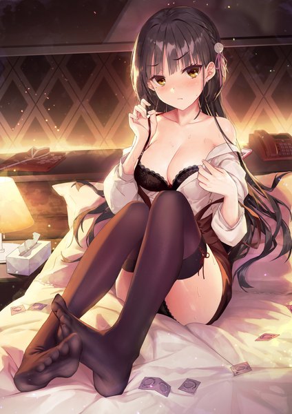 Anime picture 3541x5016 with cafe stella to shinigami no chou yuzusoft shiki natsume haku89 single long hair tall image looking at viewer blush fringe highres breasts light erotic black hair large breasts brown eyes absurdres cleavage full body bent knee (knees)