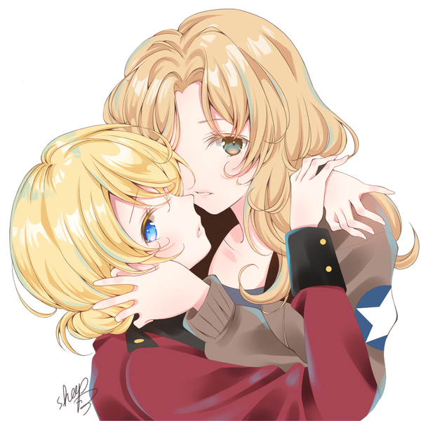 Anime picture 1000x1000 with girls und panzer darjeeling (girls und panzer) kay (girls und panzer) sheepd long hair looking at viewer blue eyes simple background blonde hair white background multiple girls signed hug shoujo ai face to face girl uniform 2 girls military uniform