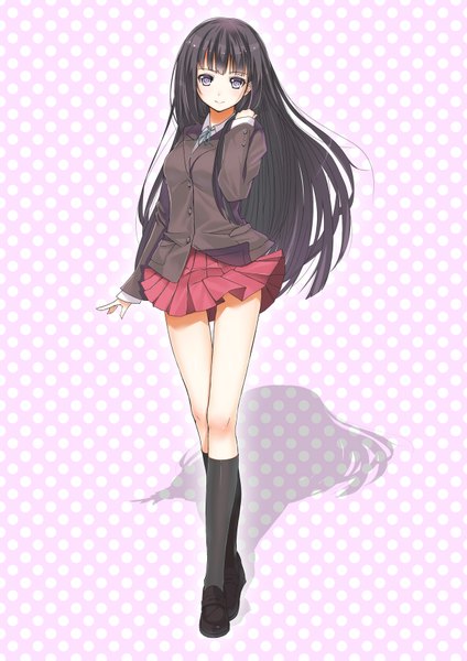 Anime picture 1240x1754 with original kagerou (shadowmage) long hair tall image black hair purple eyes shadow girl skirt uniform school uniform miniskirt socks black socks