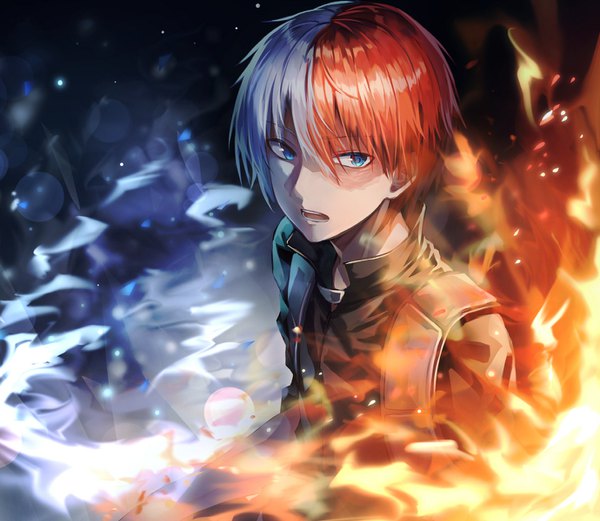 Anime picture 1380x1200 with boku no hero academia studio bones todoroki shouto huwari (dnwls3010) single looking at viewer fringe short hair open mouth blue eyes hair between eyes blue hair silver hair upper body red hair multicolored hair two-tone hair scar shaded face boy