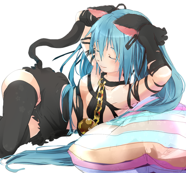 Anime picture 1024x955 with vocaloid hatsune miku ribon non single long hair blush light erotic twintails animal ears blue hair tail eyes closed light smile cat ears armpit (armpits) cat girl cat tail hand on head reclining girl