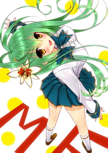 Anime picture 707x1000 with original yadapot single long hair tall image looking at viewer blush open mouth yellow eyes green hair girl skirt hair ornament socks white socks