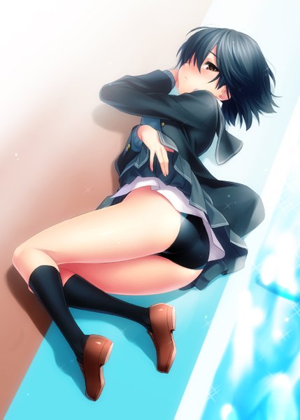 Anime picture 1000x1399 with amagami nanasaki ai zen (kamuro) single tall image blush short hair light erotic black hair brown eyes ass girl skirt uniform swimsuit school uniform socks black socks one-piece swimsuit school swimsuit