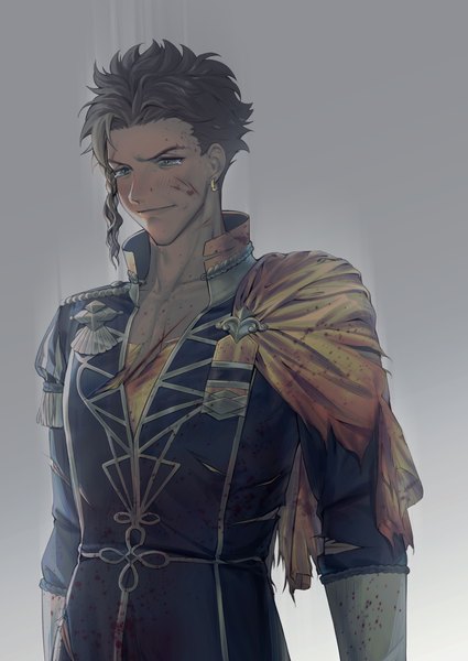 Anime picture 2150x3035 with fire emblem fire emblem: three houses nintendo claude von riegan zhihaiwusheng single tall image highres short hair simple background brown hair green eyes looking away upper body gradient background torn clothes bloody clothes injury cuts boy