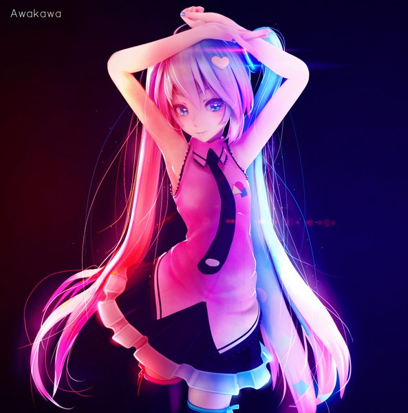 Anime picture 1659x1680 with vocaloid hatsune miku awakawayui single long hair tall image looking at viewer fringe blue eyes simple background smile twintails bare shoulders signed blue hair pink hair nail polish pleated skirt multicolored hair arms up