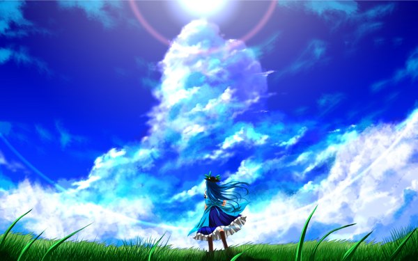 Anime picture 1920x1200 with touhou hinanawi tenshi nekominase long hair highres wide image blue hair sky cloud (clouds) back landscape girl dress bow plant (plants) headdress grass knee boots sun