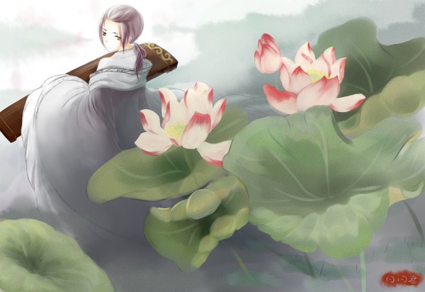 Anime picture 1454x1000 with axis powers hetalia studio deen china (hetalia) akira kira single long hair brown hair holding yellow eyes ponytail looking back from behind back boy flower (flowers) plant (plants) leaf (leaves) musical instrument shawl lotus