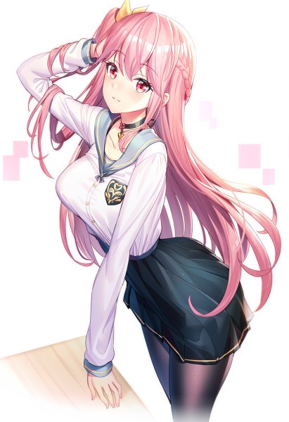Anime picture 822x1200 with original emily stock ririko (zhuoyandesailaer) single long hair tall image looking at viewer blush fringe hair between eyes standing pink hair braid (braids) long sleeves pleated skirt pink eyes leaning leaning forward one side up hand on head
