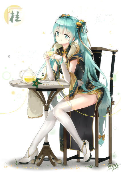 Anime picture 1442x2039 with vocaloid hatsune miku asahi kuroi single tall image looking at viewer blush fringe simple background smile hair between eyes sitting twintails holding signed full body very long hair traditional clothes head tilt aqua eyes