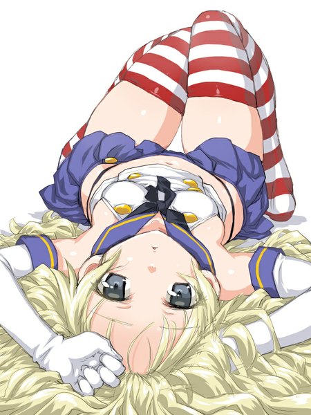 Anime picture 600x800 with kantai collection shimakaze destroyer dd (ijigendd) single long hair tall image looking at viewer light erotic blonde hair white background lying on back grey eyes shiny skin thigh gap skindentation striped upside down shiny highleg