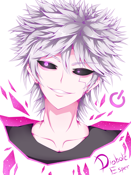 Anime picture 1200x1600 with elsword add (elsword) bandwidth single tall image fringe short hair simple background smile hair between eyes white background looking away silver hair upper body pink eyes inscription text symbol-shaped pupils portrait english