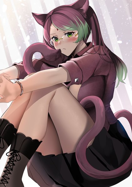 Anime picture 2110x3000 with final fantasy final fantasy xiv square enix miqo'te yuna (yukiyuna) single long hair tall image blush highres breasts light erotic large breasts twintails green eyes animal ears looking away purple hair tail animal tail