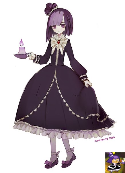 Anime picture 589x810 with cookie run blackberry cookie memipong single tall image fringe short hair simple background white background purple eyes signed looking away purple hair full body hair bun (hair buns) frilled dress girl dress frills black dress