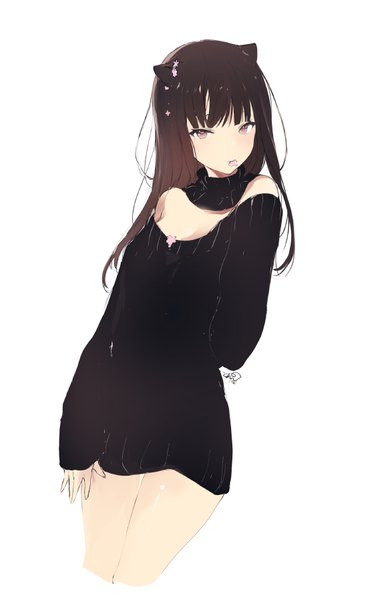 Anime picture 587x898 with original lpip single long hair tall image looking at viewer blush fringe breasts simple background brown hair white background bare shoulders holding brown eyes animal ears blunt bangs off shoulder thighs mouth hold