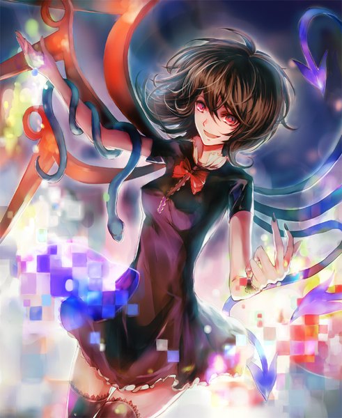 Anime picture 721x881 with touhou houjuu nue nokishita single tall image short hair open mouth smile red eyes brown hair looking away nail polish from above outstretched arm asymmetrical wings girl thighhighs dress black thighhighs animal