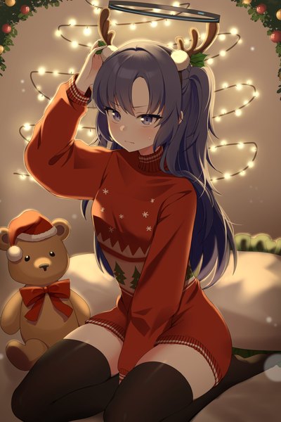 Anime picture 2500x3750 with blue archive yuuka (blue archive) taccho single long hair tall image highres blue eyes sitting blue hair looking away horn (horns) two side up christmas hand on head antlers girl thighhighs black thighhighs hat