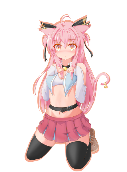 Anime picture 2688x3623 with original neguse2525 single long hair tall image blush highres light erotic simple background white background animal ears yellow eyes pink hair cat ears midriff cat girl cat tail girl thighhighs ribbon (ribbons)