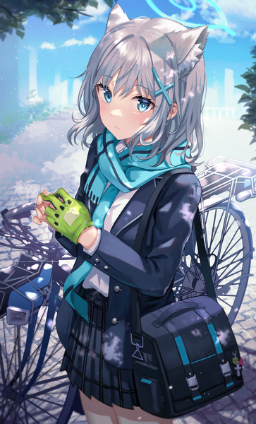 Anime picture 2146x3547 with blue archive shiroko (blue archive) tokkyu single tall image looking at viewer blush fringe highres short hair blue eyes standing animal ears sky cloud (clouds) outdoors long sleeves grey hair open clothes plaid skirt