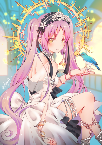 Anime picture 728x1032 with fate (series) fate/grand order fate/hollow ataraxia euryale (fate) sheepd single tall image sitting twintails bare shoulders signed yellow eyes payot purple hair very long hair arm support twitter username bird on hand girl dress