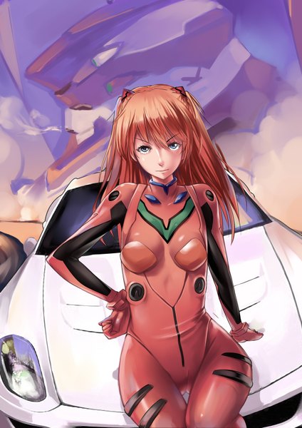 Anime picture 2480x3507 with neon genesis evangelion gainax soryu asuka langley mou kankan (tims1111) single long hair tall image fringe highres breasts blue eyes standing twintails orange hair girl gloves uniform military uniform ground vehicle car