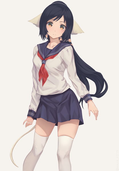 Anime picture 1200x1726 with utawareru mono utawareru mono: itsuwari no kamen white fox kuon (utawareru mono) miura-n315 single long hair tall image looking at viewer fringe black hair simple background standing brown eyes animal ears ponytail tail animal tail pleated skirt grey background