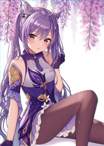 Anime picture 2508x3541 with genshin impact keqing (genshin impact) mochiko (uyu omochi) single long hair tall image looking at viewer blush fringe highres open mouth simple background hair between eyes white background sitting purple eyes twintails bare shoulders payot purple hair