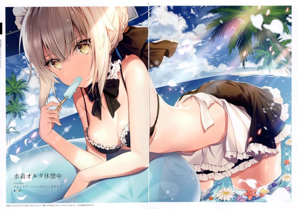 Anime picture 6490x4566 with fate (series) fate/grand order artoria pendragon (all) artoria pendragon (alter swimsuit rider) (fate) necomi (gussan) single fringe highres short hair breasts light erotic blonde hair hair between eyes bare shoulders holding signed yellow eyes payot looking away absurdres