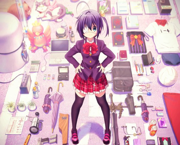 Anime picture 1920x1550 with chuunibyou demo koi ga shitai! kyoto animation takanashi rikka tagme (artist) single looking at viewer highres short hair blue eyes black hair smile ahoge one side up plaid skirt hands on hips closed umbrella girl thighhighs uniform bow