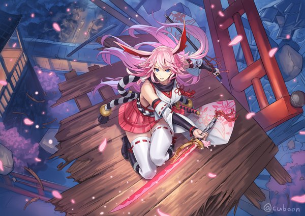 Anime picture 2046x1447 with honkai impact 3rd benghuai xueyuan honkai (series) yae sakura mismi single long hair looking at viewer fringe highres breasts blue eyes hair between eyes bare shoulders holding signed animal ears pink hair bent knee (knees) long sleeves