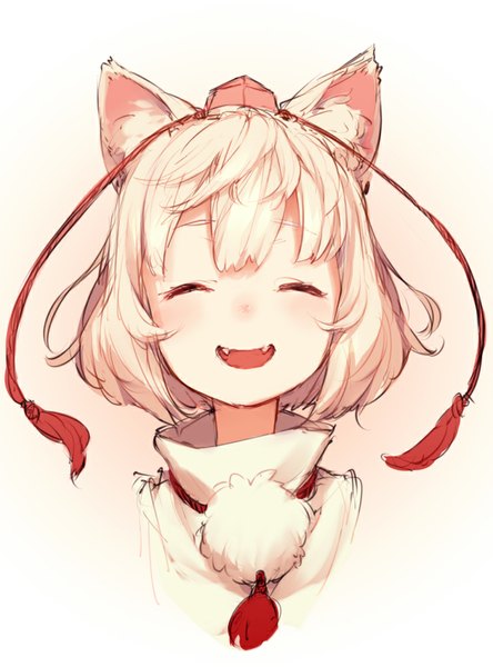Anime picture 740x1000 with touhou inubashiri momiji junwool single tall image blush short hair open mouth simple background white background animal ears white hair eyes closed teeth fang (fangs) portrait wolf ears girl pom pom (clothes) tokin hat