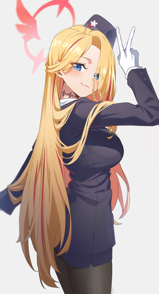 Anime picture 1270x2354 with blue archive pina (blue archive) pina (guide) (blue archive) reulem single long hair tall image looking at viewer blush fringe blue eyes simple background blonde hair smile standing hair over one eye grey background turning head official alternate costume girl