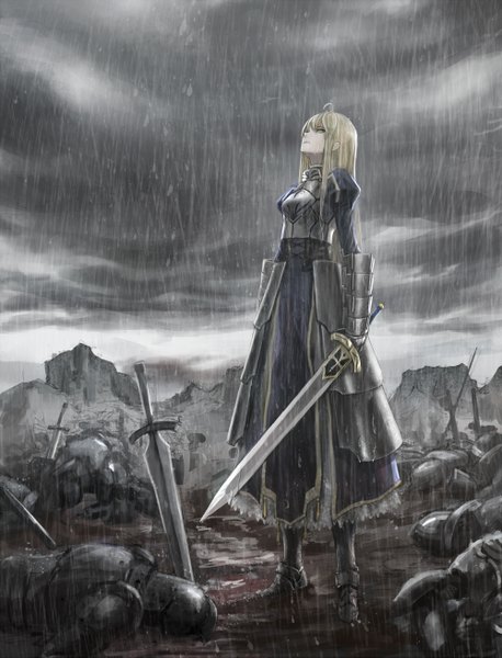 Anime picture 1000x1311 with fate (series) fate/stay night type-moon artoria pendragon (all) saber infukun long hair tall image blonde hair standing holding green eyes ahoge looking up rain wet clothes ruins battle field hair down