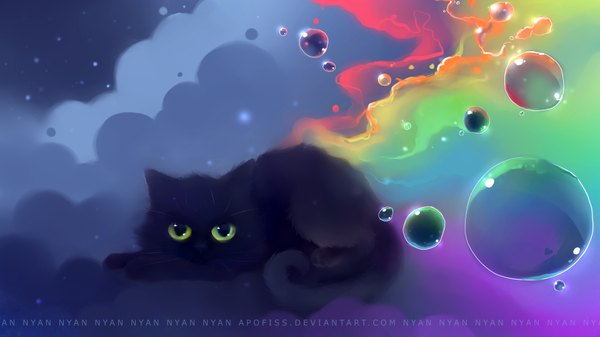 Anime picture 1920x1080 with original apofiss highres wide image cloud (clouds) wallpaper animal cat bubble (bubbles) rainbow