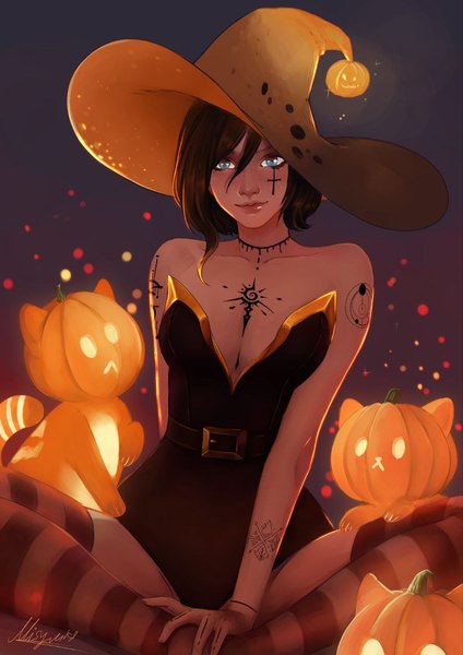 Anime picture 905x1280 with misymi single tall image looking at viewer fringe short hair breasts blue eyes light erotic black hair hair between eyes large breasts sitting bare shoulders signed cleavage tattoo facial mark halloween indian style