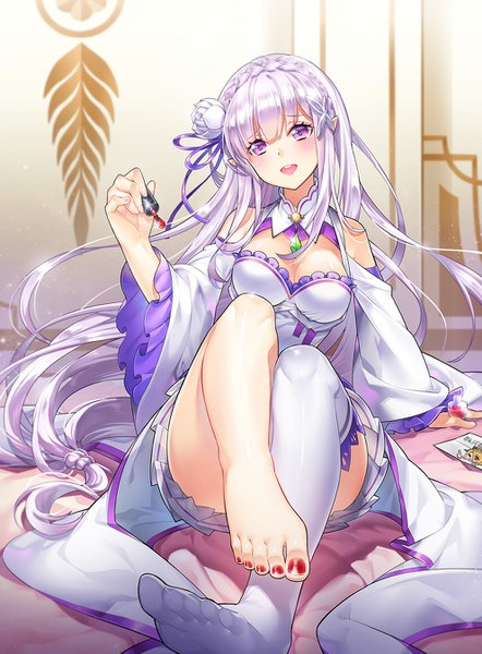 Anime picture 992x1346 with re:zero kara hajimeru isekai seikatsu white fox emilia (re:zero) nemovo single long hair tall image looking at viewer blush open mouth light erotic purple eyes silver hair nail polish hair flower legs girl thighhighs dress flower (flowers)